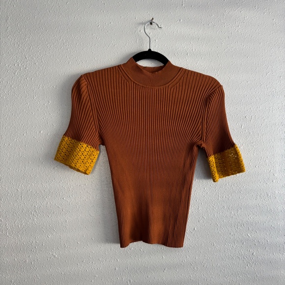 STAUD Brown Mock Neck Ribbed Crochet Short Sleeve Top - Picture 3 of 6